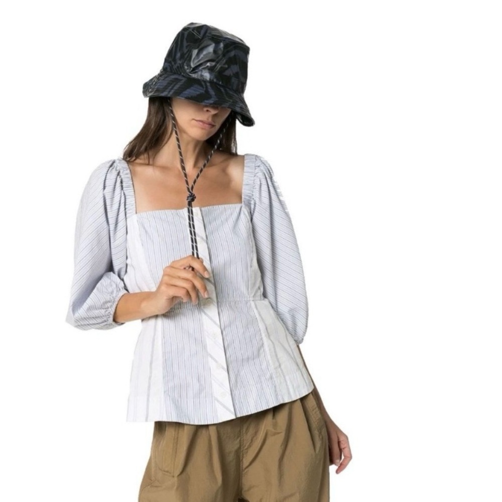 Ganni Poplin Puff Sleeve Peplum Hem Square Neck Button Front Stripe Blouse